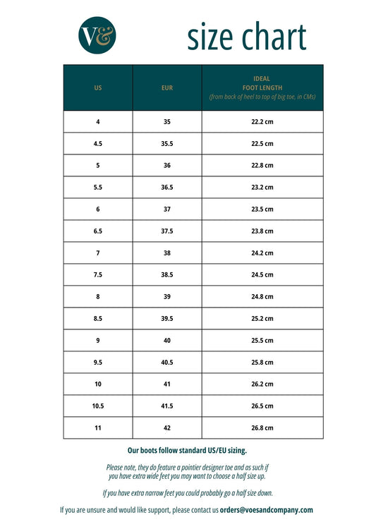 SIZE CHART: Voes & Co Harlow Chelsea Boots {vegan designer boots made with cactus leather}