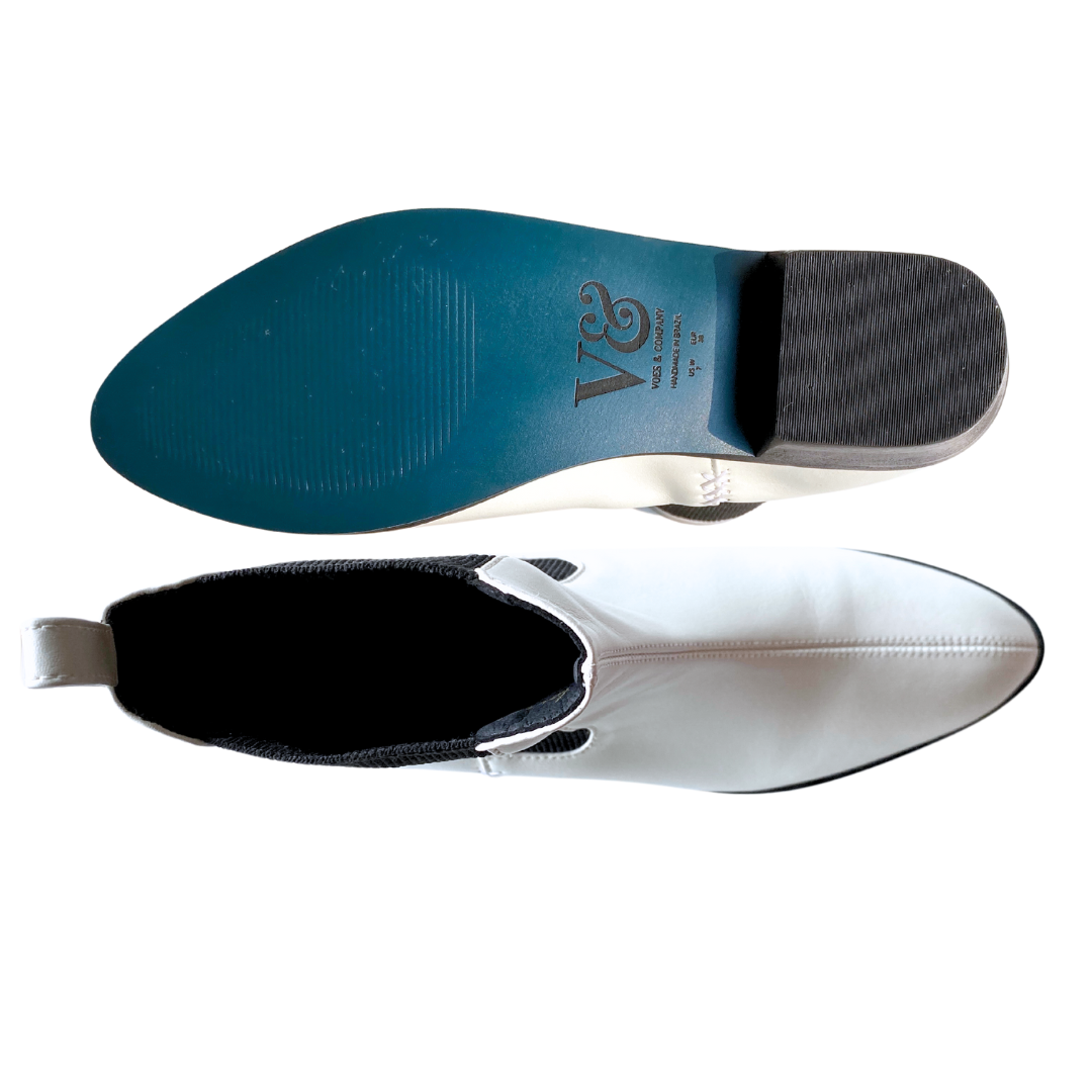 Vegan designer boots, non leather white chelsea boots made with next generation cactus leather. Ethical, sustainable footwear, shoes and boots.